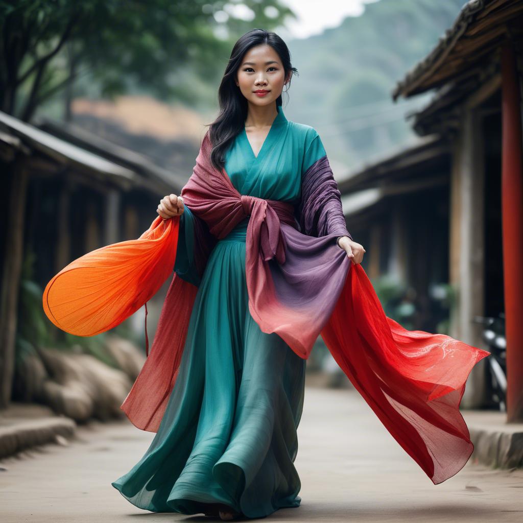 A stunning image of vietnamese woman with flowing fabrics.