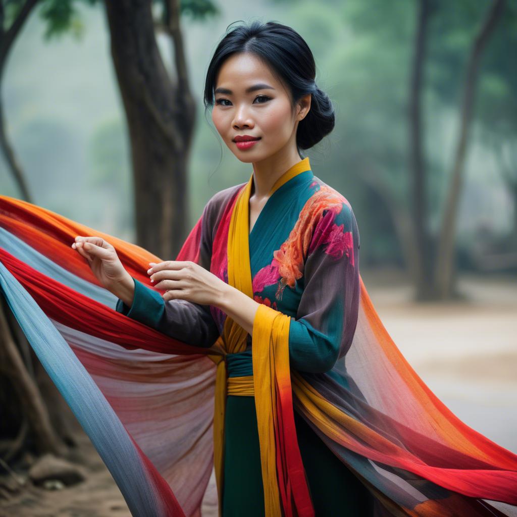 A stunning image of vietnamese woman with flowing fabrics.