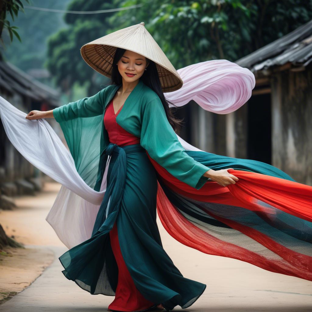 A stunning image of vietnamese woman with flowing fabrics.