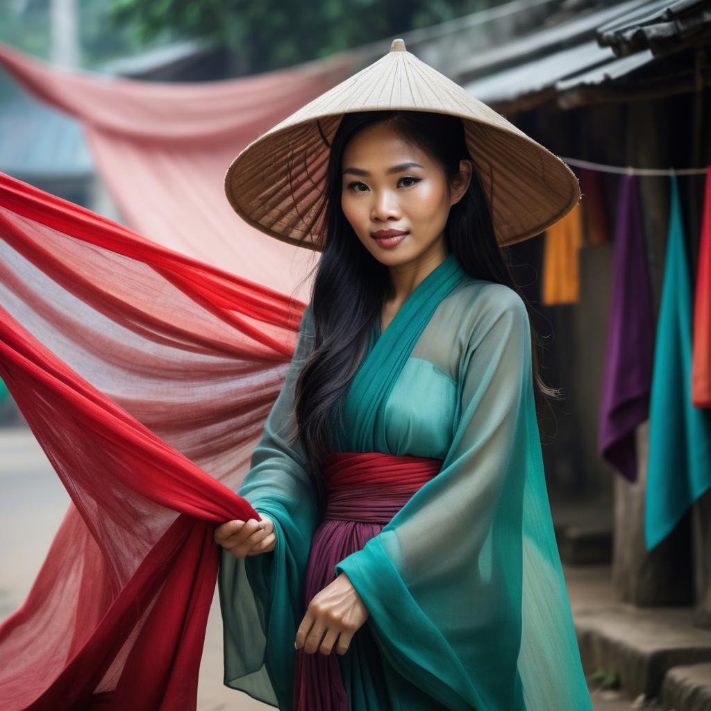 A stunning image of vietnamese woman with flowing fabrics.