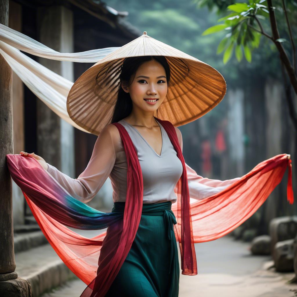 A stunning image of vietnamese woman with flowing fabrics.