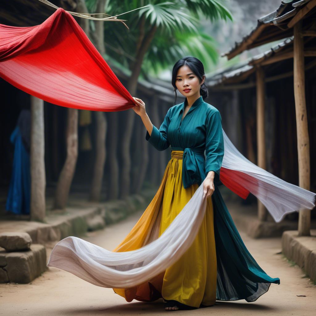A stunning image of vietnamese woman with flowing fabrics.