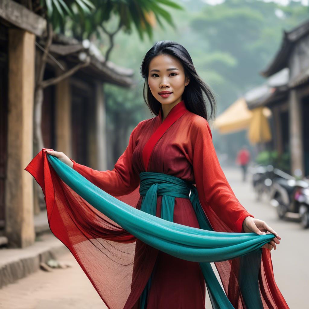 A stunning image of vietnamese woman with flowing fabrics.