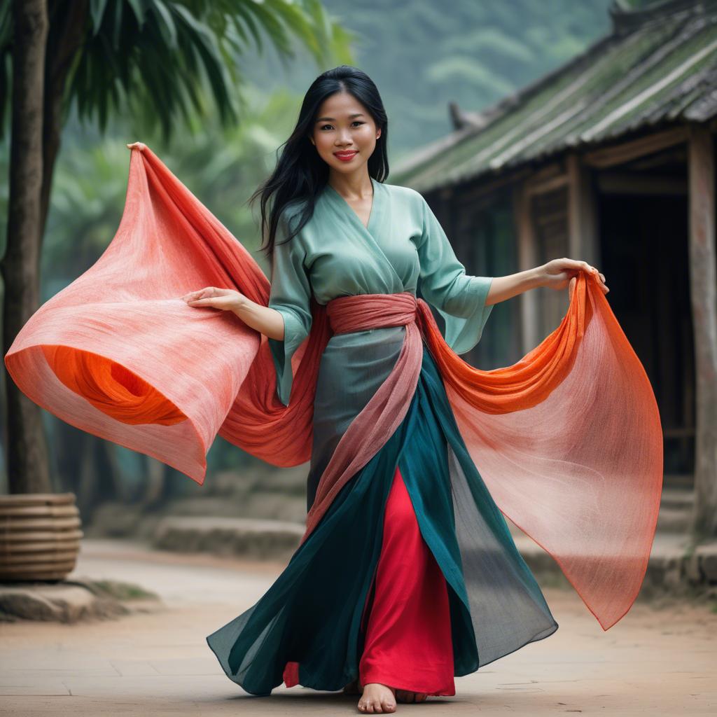 A stunning image of vietnamese woman with flowing fabrics.