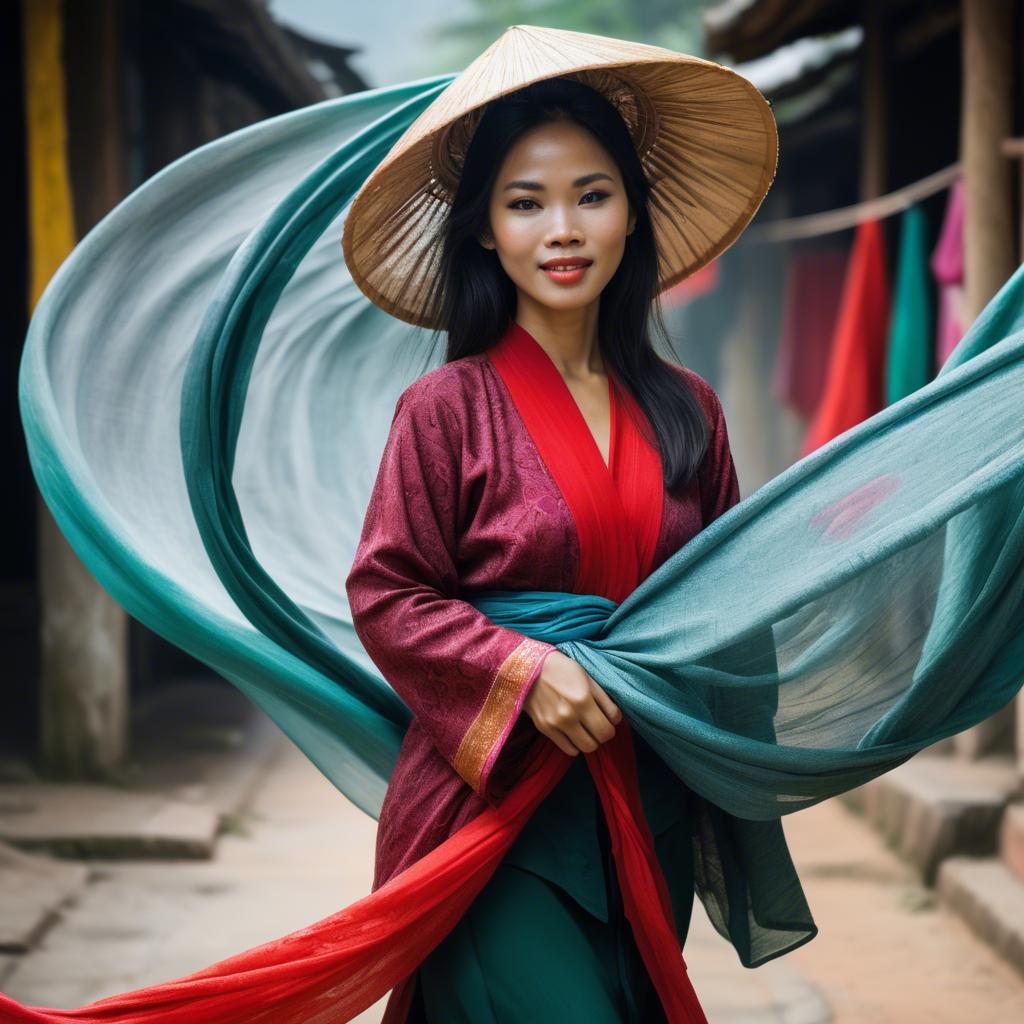 A stunning image of vietnamese woman with flowing fabrics.
