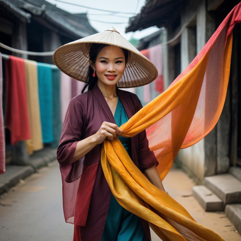 A stunning image of vietnamese woman with flowing fabrics.