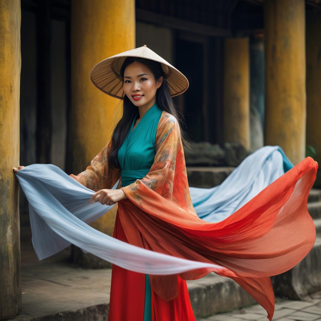 A stunning image of vietnamese woman with flowing fabrics.