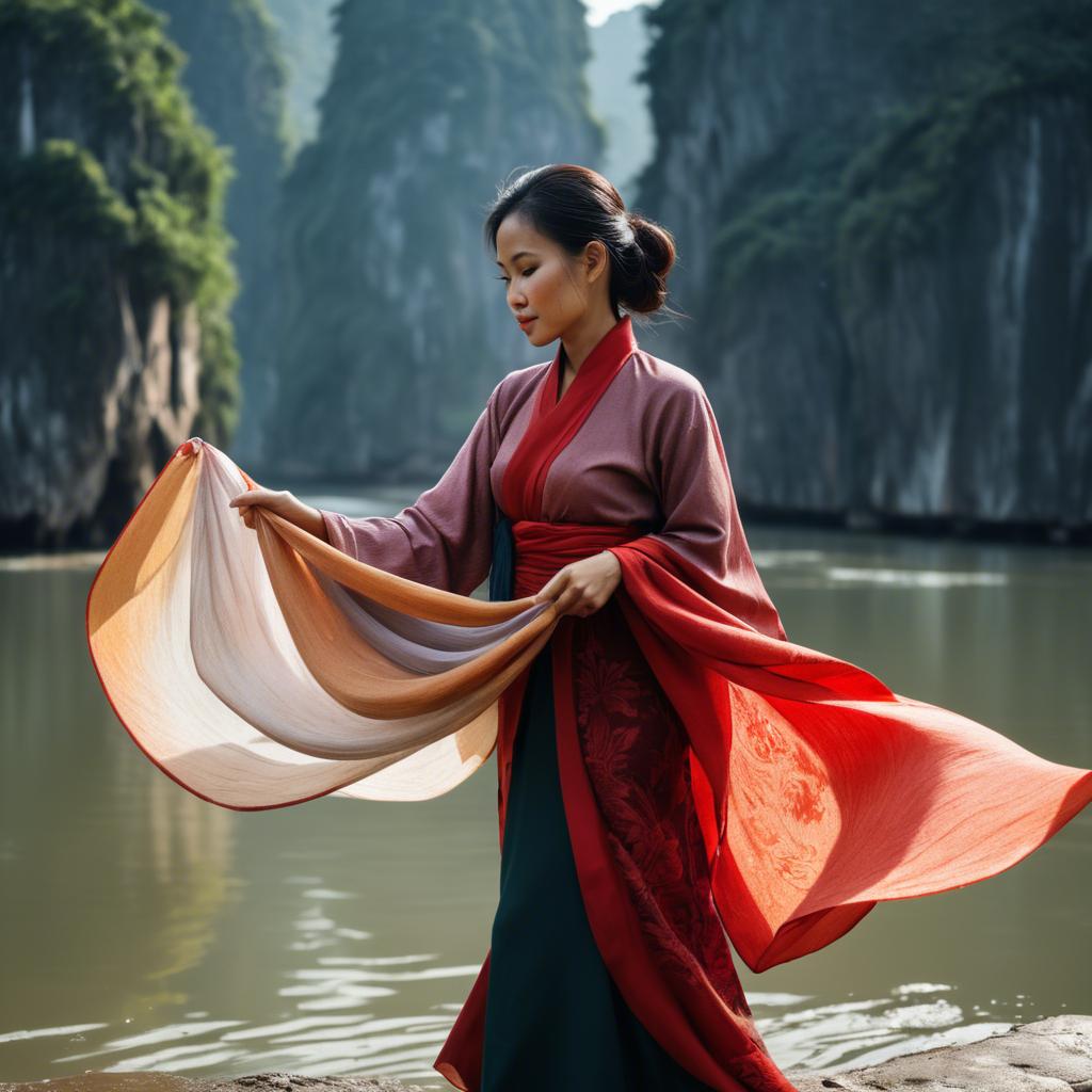 A stunning image of vietnamese woman with flowing fabrics.