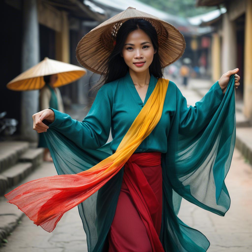 A stunning image of vietnamese woman with flowing fabrics.