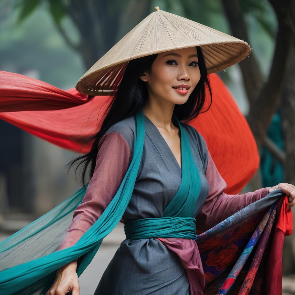 A stunning image of vietnamese woman with flowing fabrics.