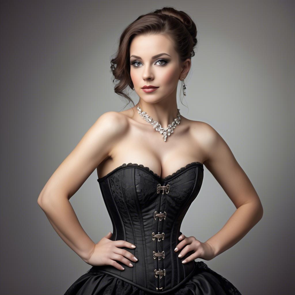 A stunning image of woman in corset, elegant and confident pose.