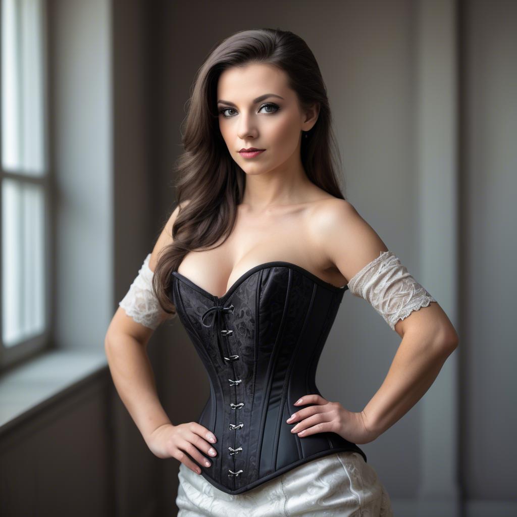 A stunning image of woman in corset, elegant and confident pose.