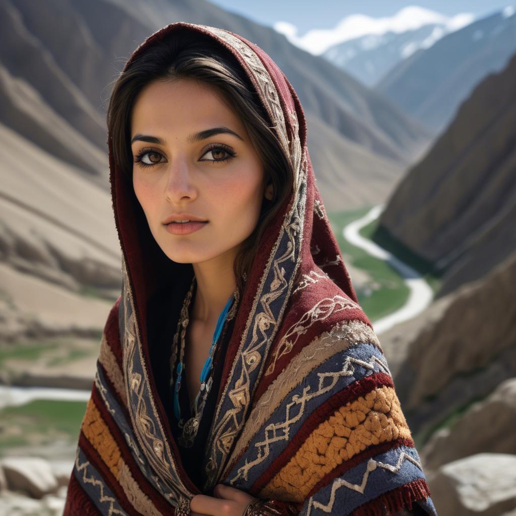 A stunning image of afghan beauty wearing an embroidered shawl photographed against rugged mountainous terrain.