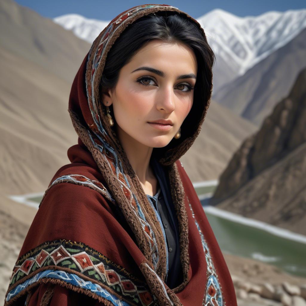 A stunning image of afghan beauty wearing an embroidered shawl photographed against rugged mountainous terrain.