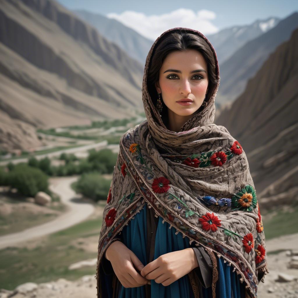 A stunning image of afghan beauty wearing an embroidered shawl photographed against rugged mountainous terrain.
