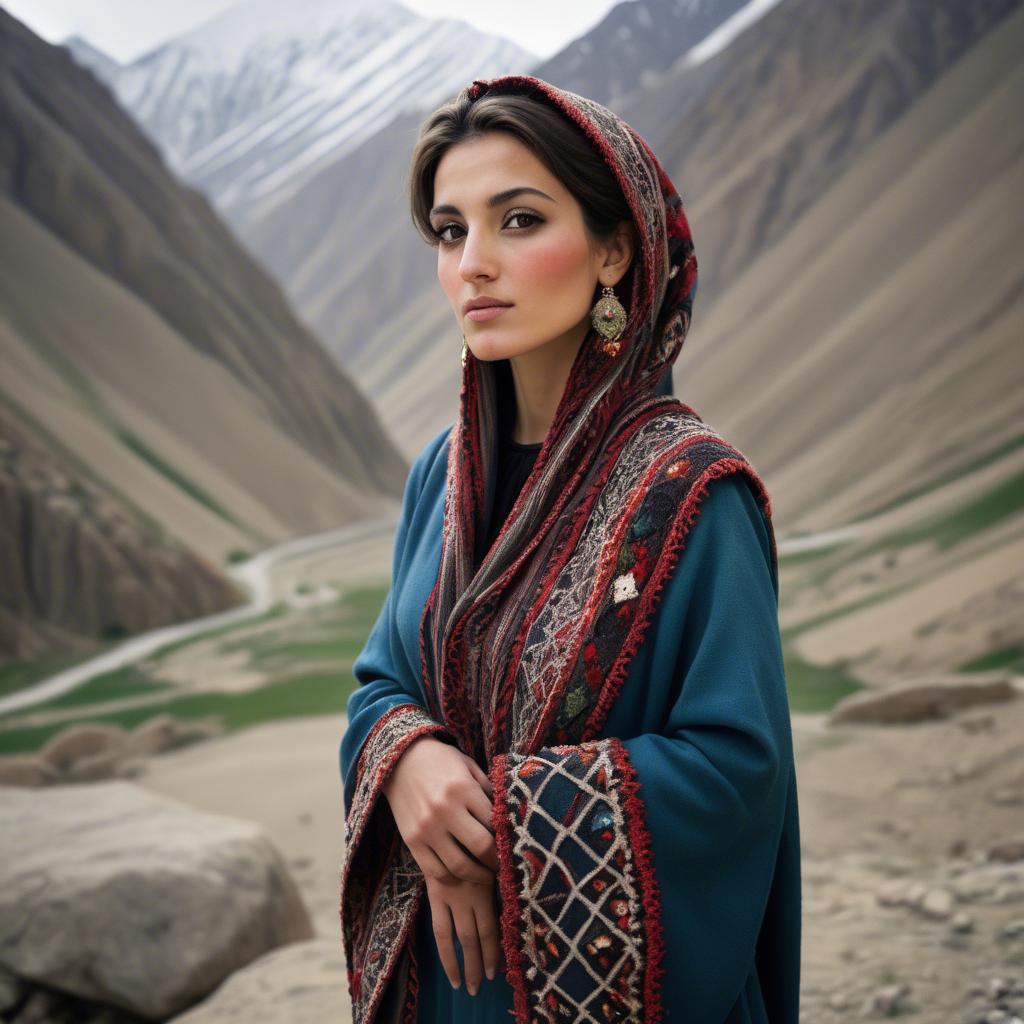 A stunning image of afghan beauty wearing an embroidered shawl photographed against rugged mountainous terrain.