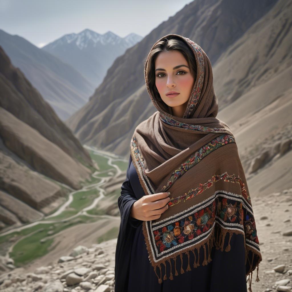 A stunning image of afghan beauty wearing an embroidered shawl photographed against rugged mountainous terrain.