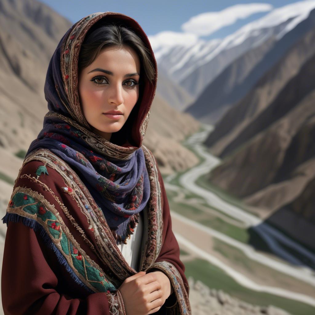 A stunning image of afghan beauty wearing an embroidered shawl photographed against rugged mountainous terrain.