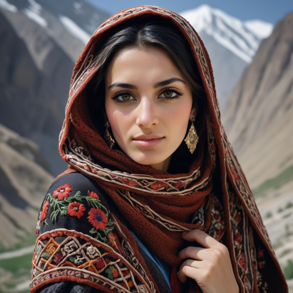 A stunning image of afghan beauty wearing an embroidered shawl photographed against rugged mountainous terrain.