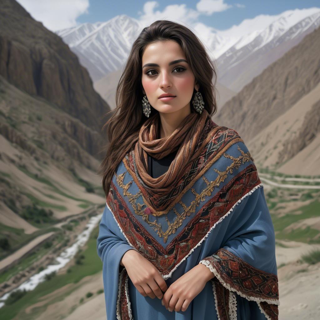 A stunning image of afghan beauty wearing an embroidered shawl photographed against rugged mountainous terrain.