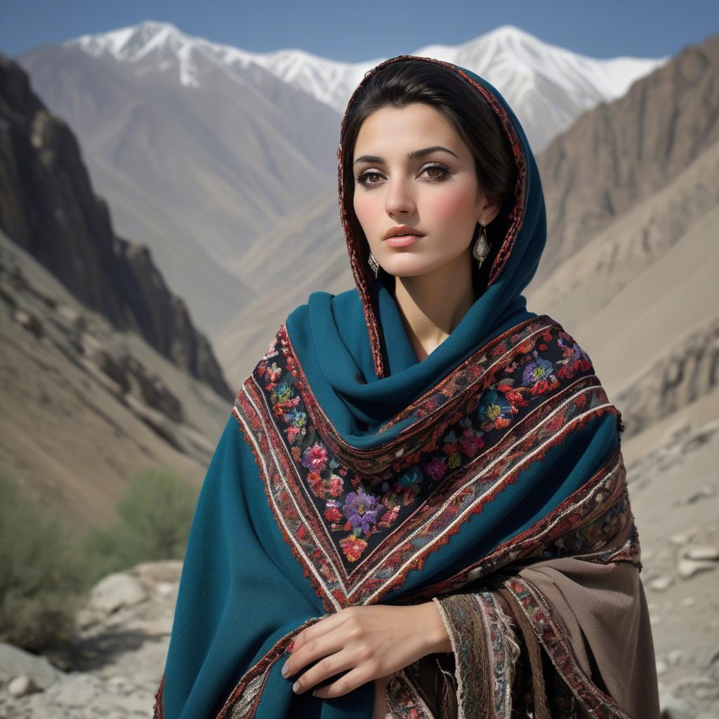 A stunning image of afghan beauty wearing an embroidered shawl photographed against rugged mountainous terrain.