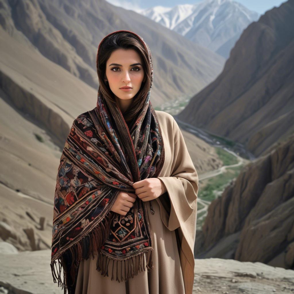 A stunning image of afghan beauty wearing an embroidered shawl photographed against rugged mountainous terrain.