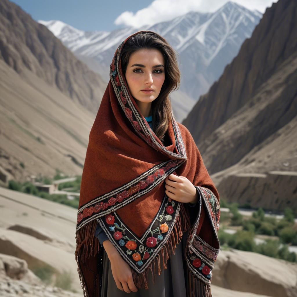 A stunning image of afghan beauty wearing an embroidered shawl photographed against rugged mountainous terrain.