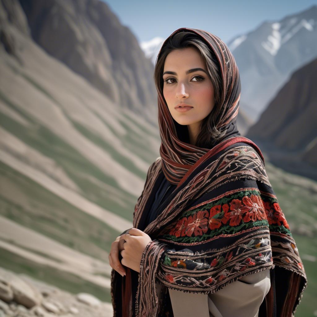A stunning image of afghan beauty wearing an embroidered shawl photographed against rugged mountainous terrain.