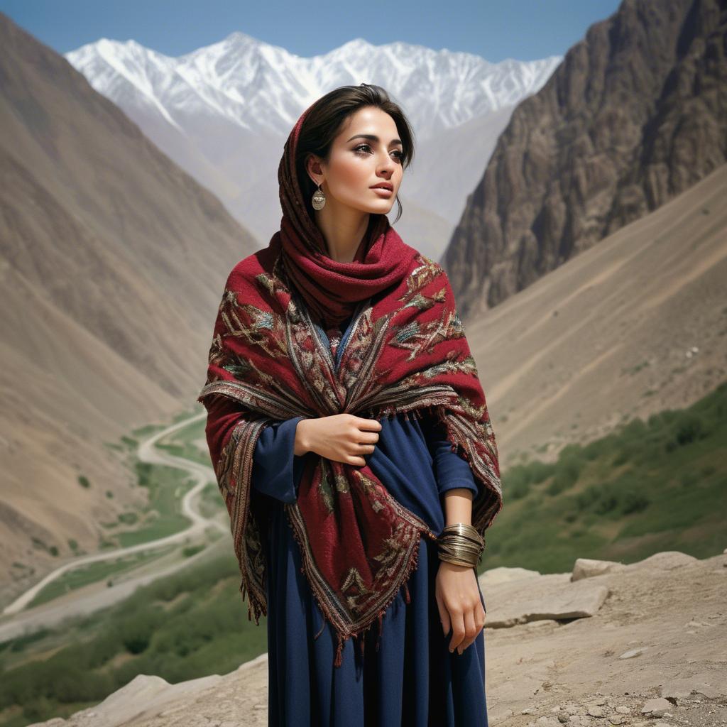 A stunning image of afghan beauty wearing an embroidered shawl photographed against rugged mountainous terrain.