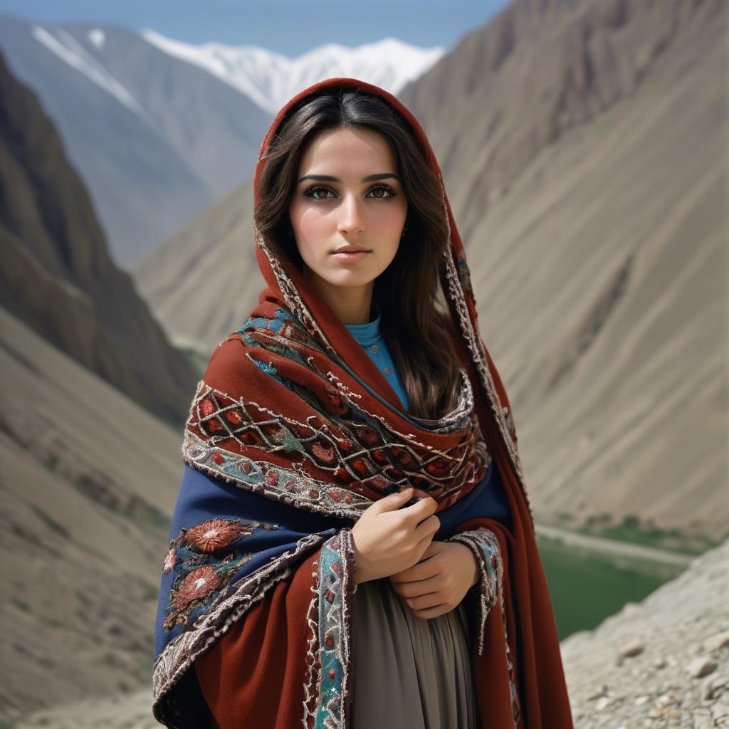 A stunning image of afghan beauty wearing an embroidered shawl photographed against rugged mountainous terrain.