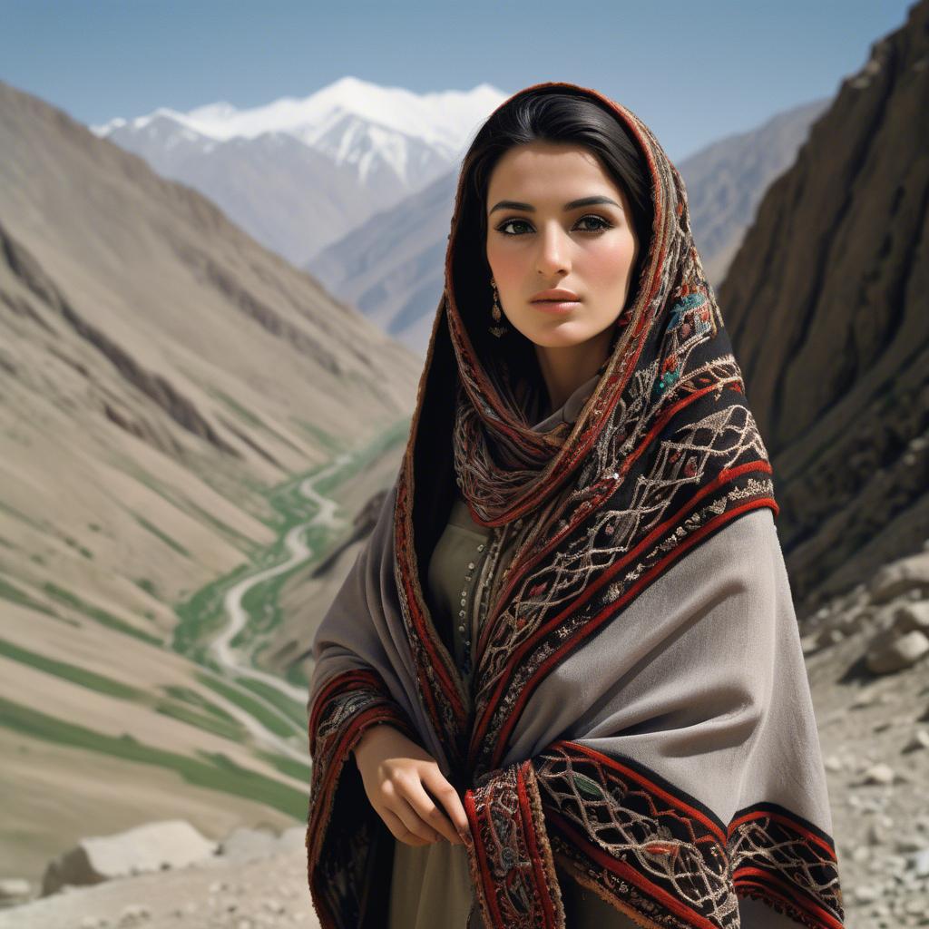 A stunning image of afghan beauty wearing an embroidered shawl photographed against rugged mountainous terrain.