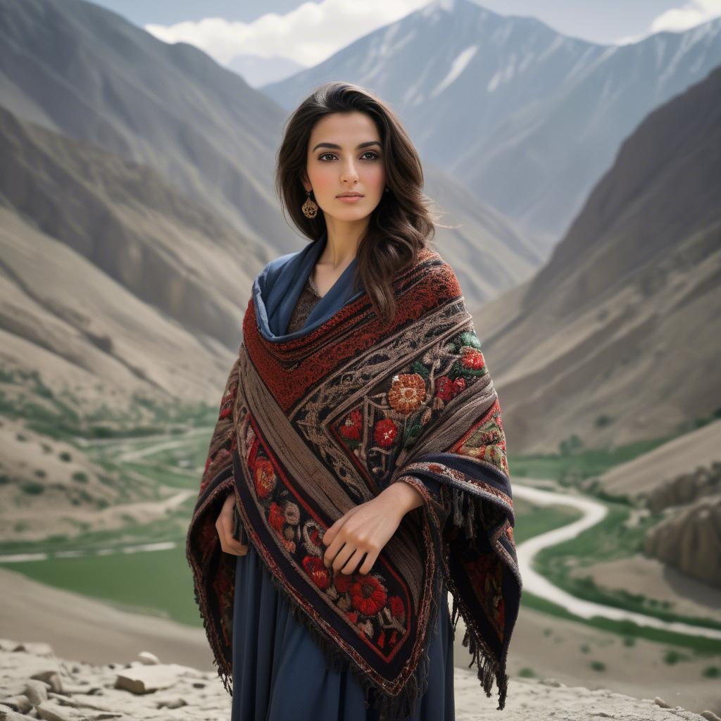 A stunning image of afghan beauty wearing an embroidered shawl photographed against rugged mountainous terrain.
