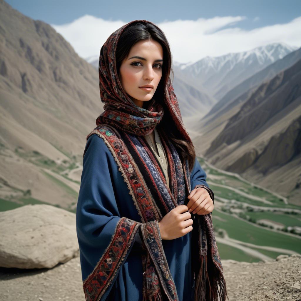 A stunning image of afghan beauty wearing an embroidered shawl photographed against rugged mountainous terrain.