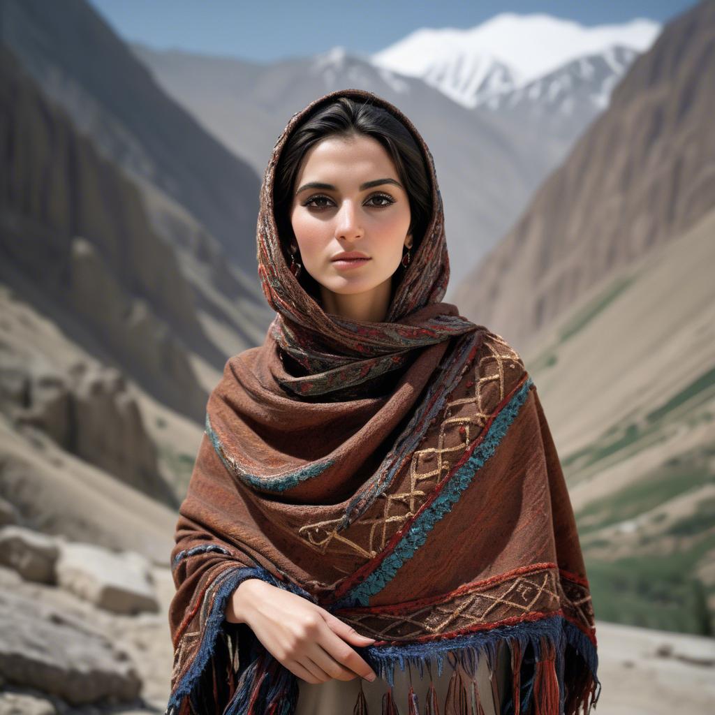 A stunning image of afghan beauty wearing an embroidered shawl photographed against rugged mountainous terrain.