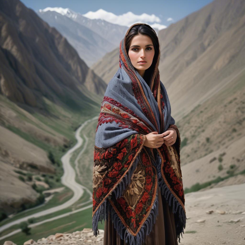 A stunning image of afghan beauty wearing an embroidered shawl photographed against rugged mountainous terrain.