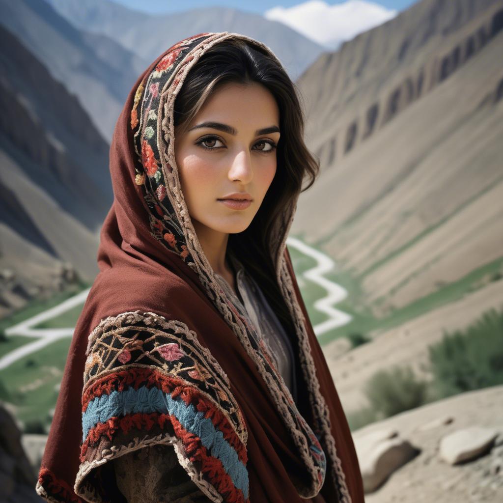 A stunning image of afghan beauty wearing an embroidered shawl photographed against rugged mountainous terrain.