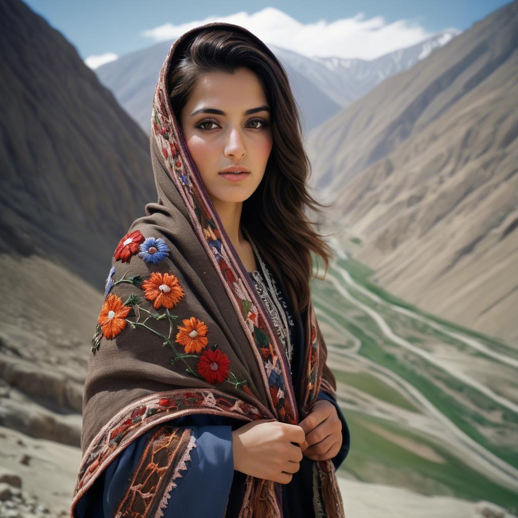 A stunning image of afghan beauty wearing an embroidered shawl photographed against rugged mountainous terrain.