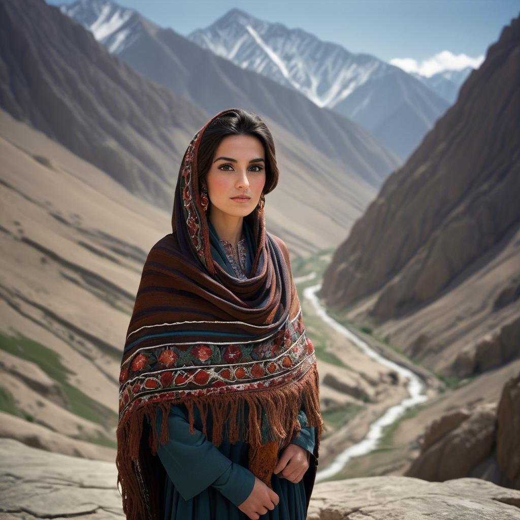 A stunning image of afghan beauty wearing an embroidered shawl photographed against rugged mountainous terrain.