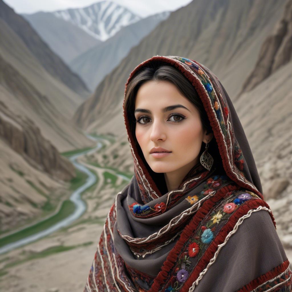 A stunning image of afghan beauty wearing an embroidered shawl photographed against rugged mountainous terrain.