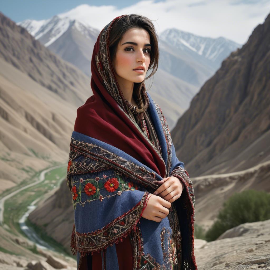 A stunning image of afghan beauty wearing an embroidered shawl photographed against rugged mountainous terrain.