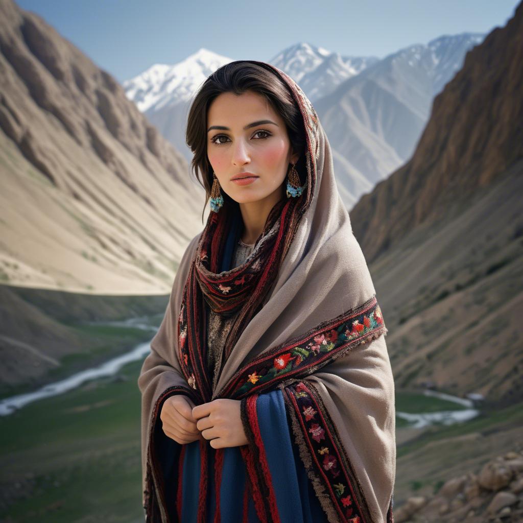 A stunning image of afghan beauty wearing an embroidered shawl photographed against rugged mountainous terrain.