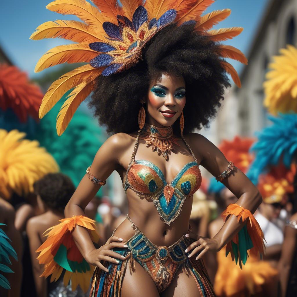 A stunning image of afro-brazilian glamour in a sophisticated carnival-themed costume bathed in vibrant light.