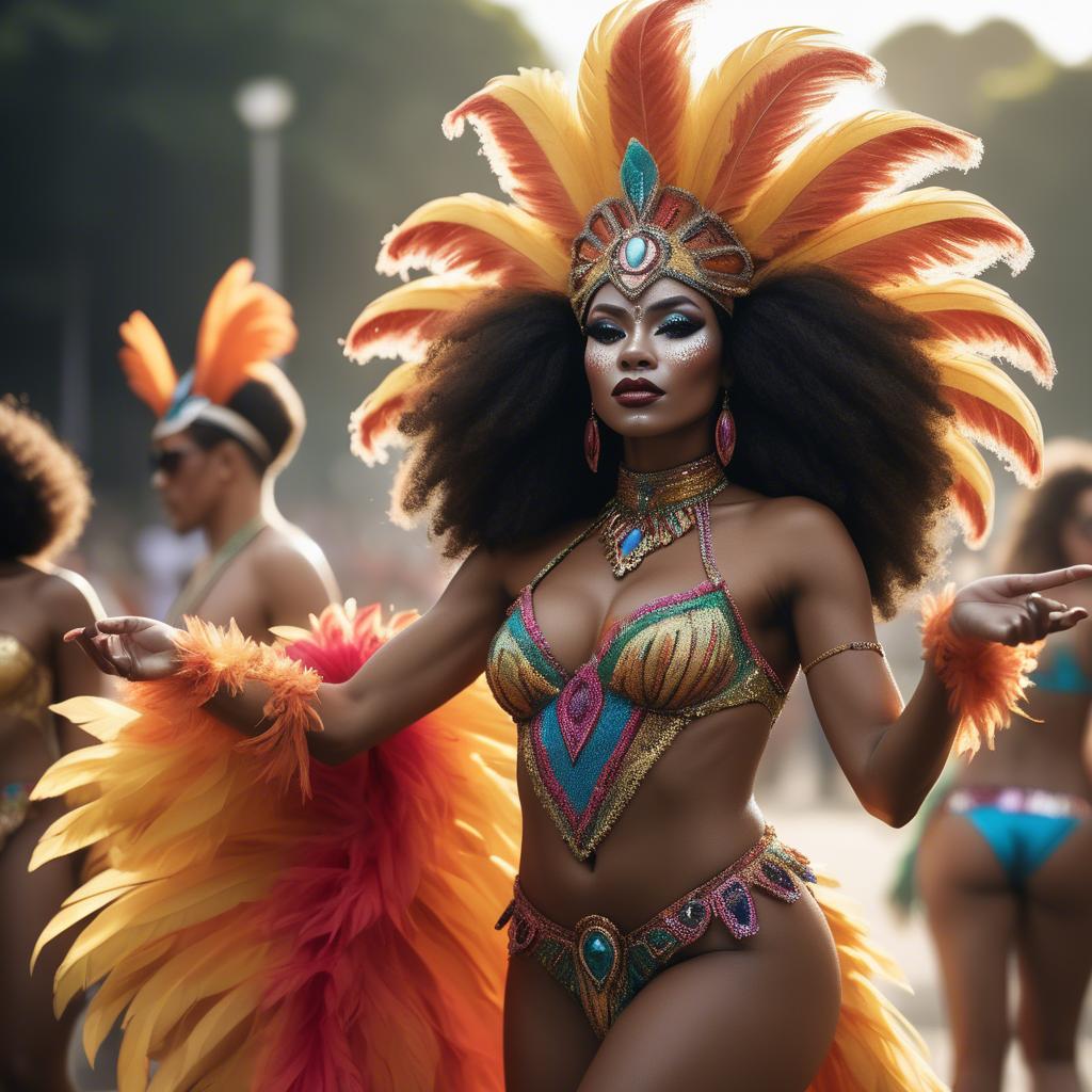 A stunning image of afro-brazilian glamour in a sophisticated carnival-themed costume bathed in vibrant light.