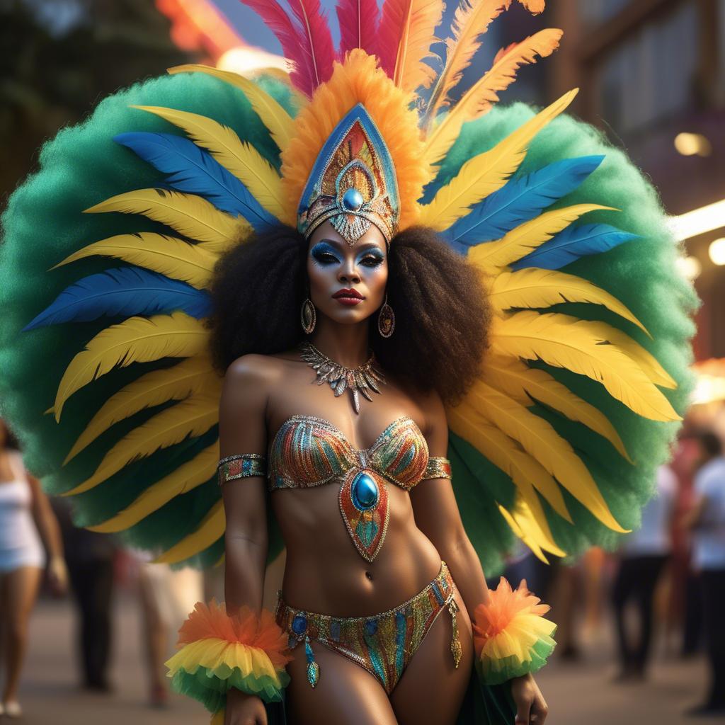 A stunning image of afro-brazilian glamour in a sophisticated carnival-themed costume bathed in vibrant light.