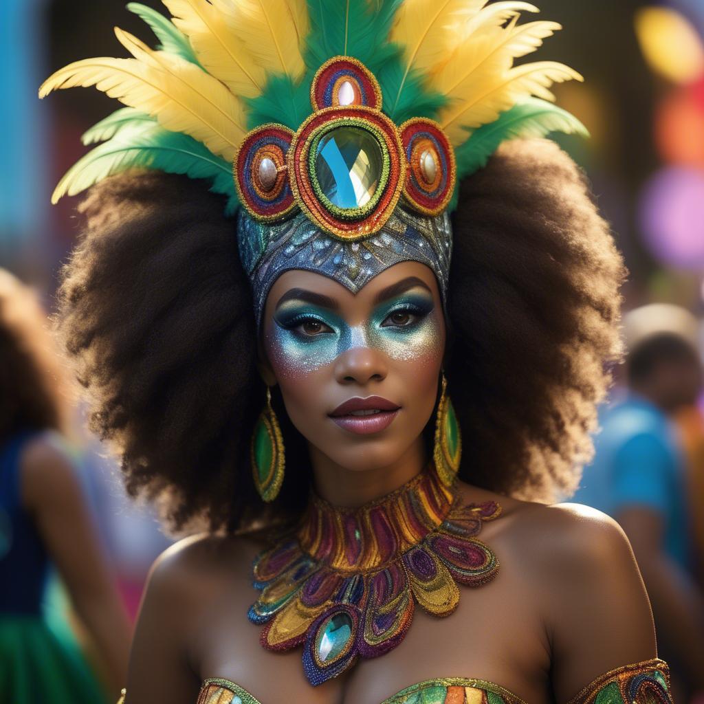 A stunning image of afro-brazilian glamour in a sophisticated carnival-themed costume bathed in vibrant light.