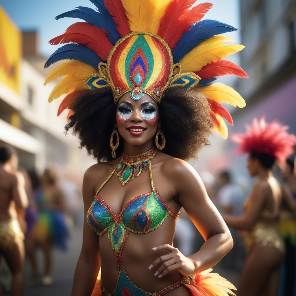 A stunning image of afro-brazilian glamour in a sophisticated carnival-themed costume bathed in vibrant light.