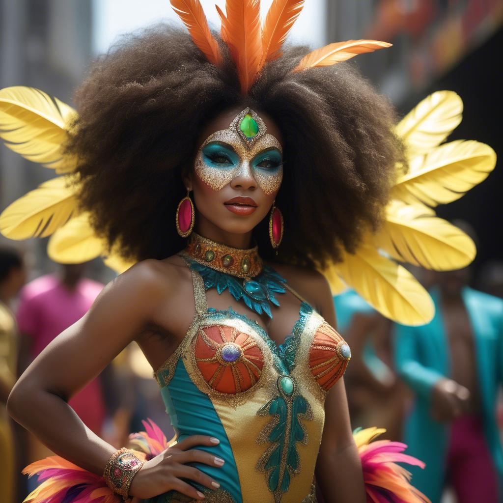 A stunning image of afro-brazilian glamour in a sophisticated carnival-themed costume bathed in vibrant light.
