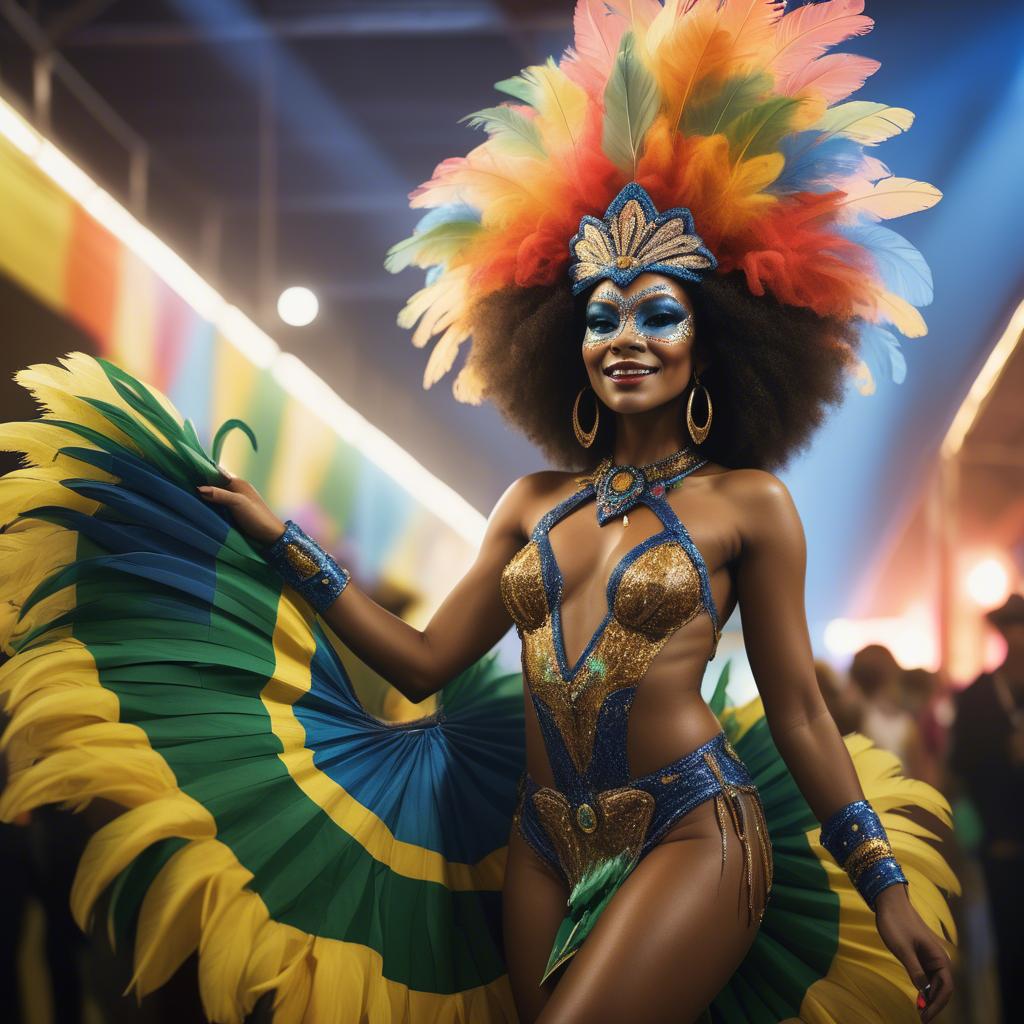 A stunning image of afro-brazilian glamour in a sophisticated carnival-themed costume bathed in vibrant light.