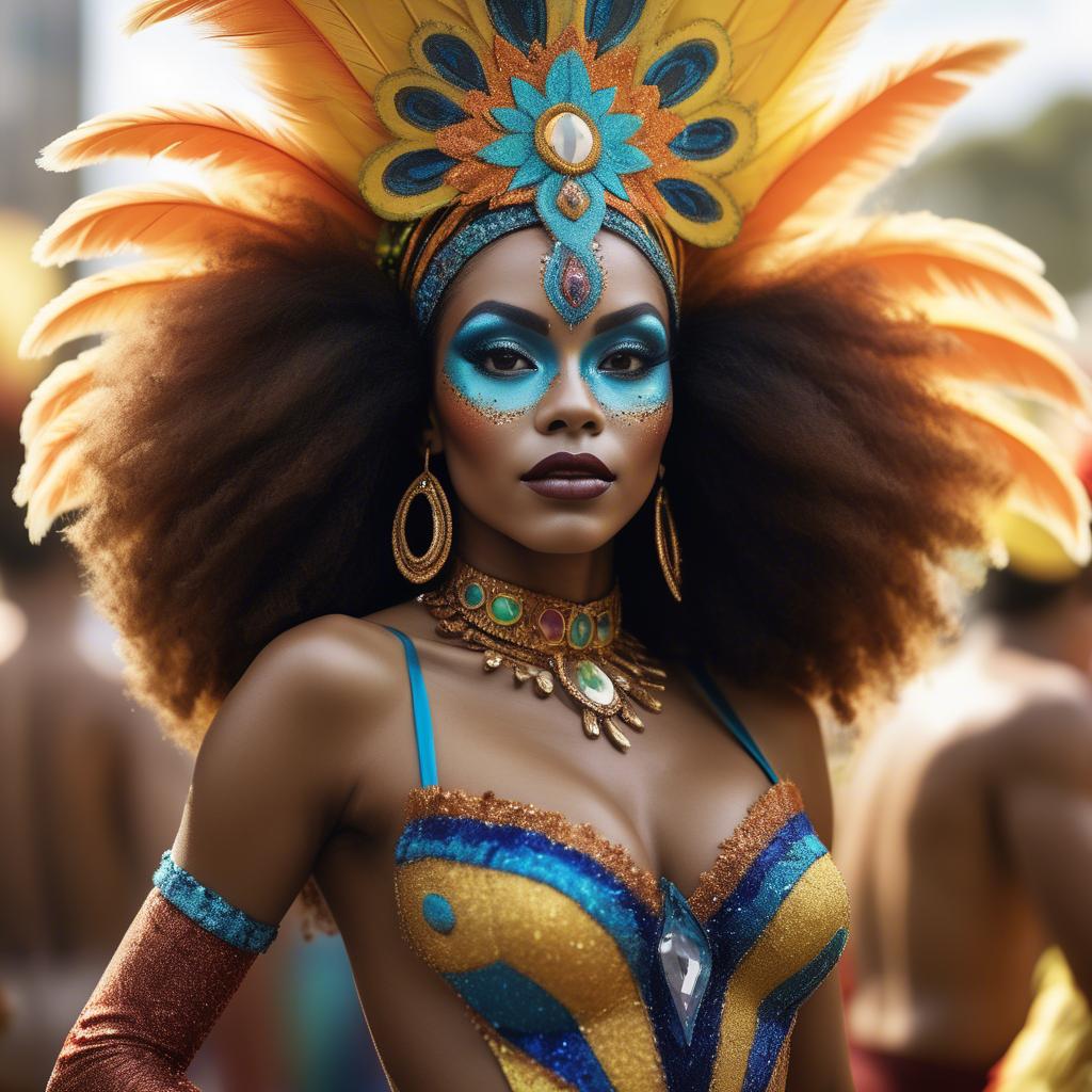 A stunning image of afro-brazilian glamour in a sophisticated carnival-themed costume bathed in vibrant light.