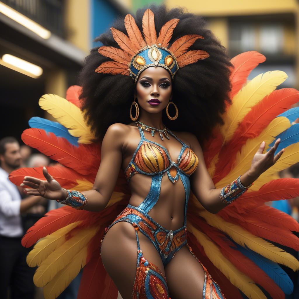 A stunning image of afro-brazilian glamour in a sophisticated carnival-themed costume bathed in vibrant light.